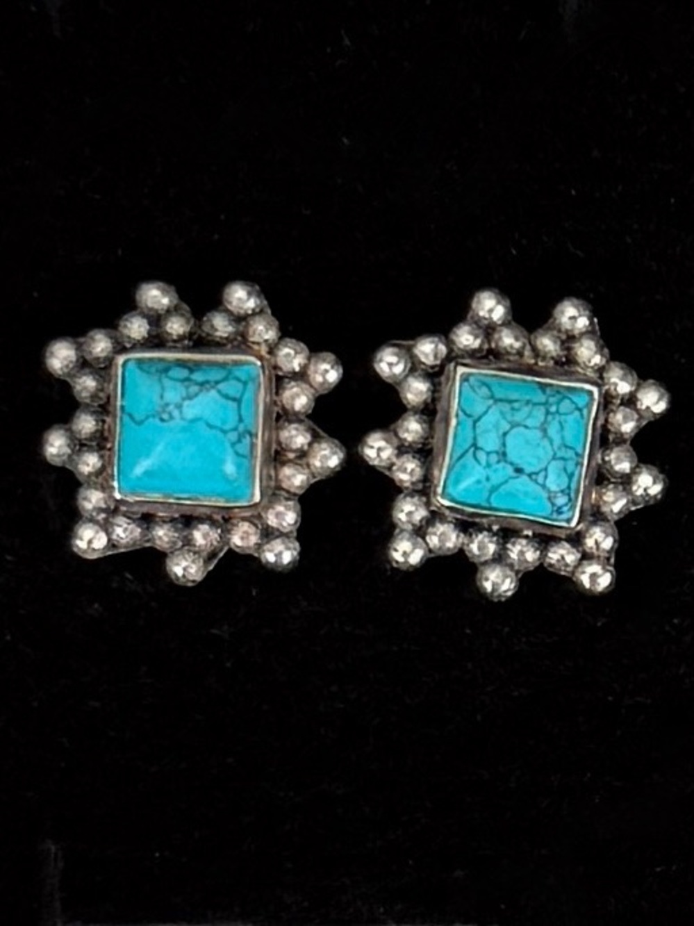 Vintage, aged Silvertone blue southwestern style pierced earrings